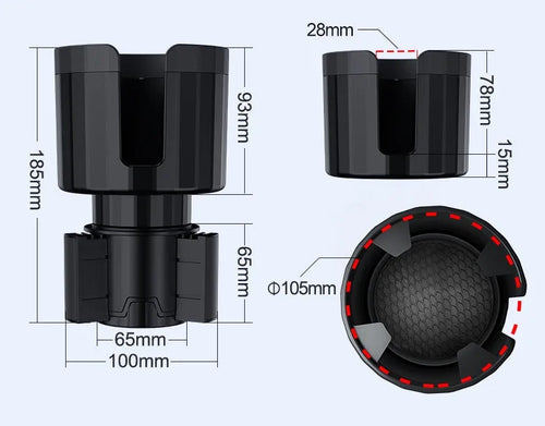 Matte black car cup holder expander with adjustable base for large bottles and cups.
