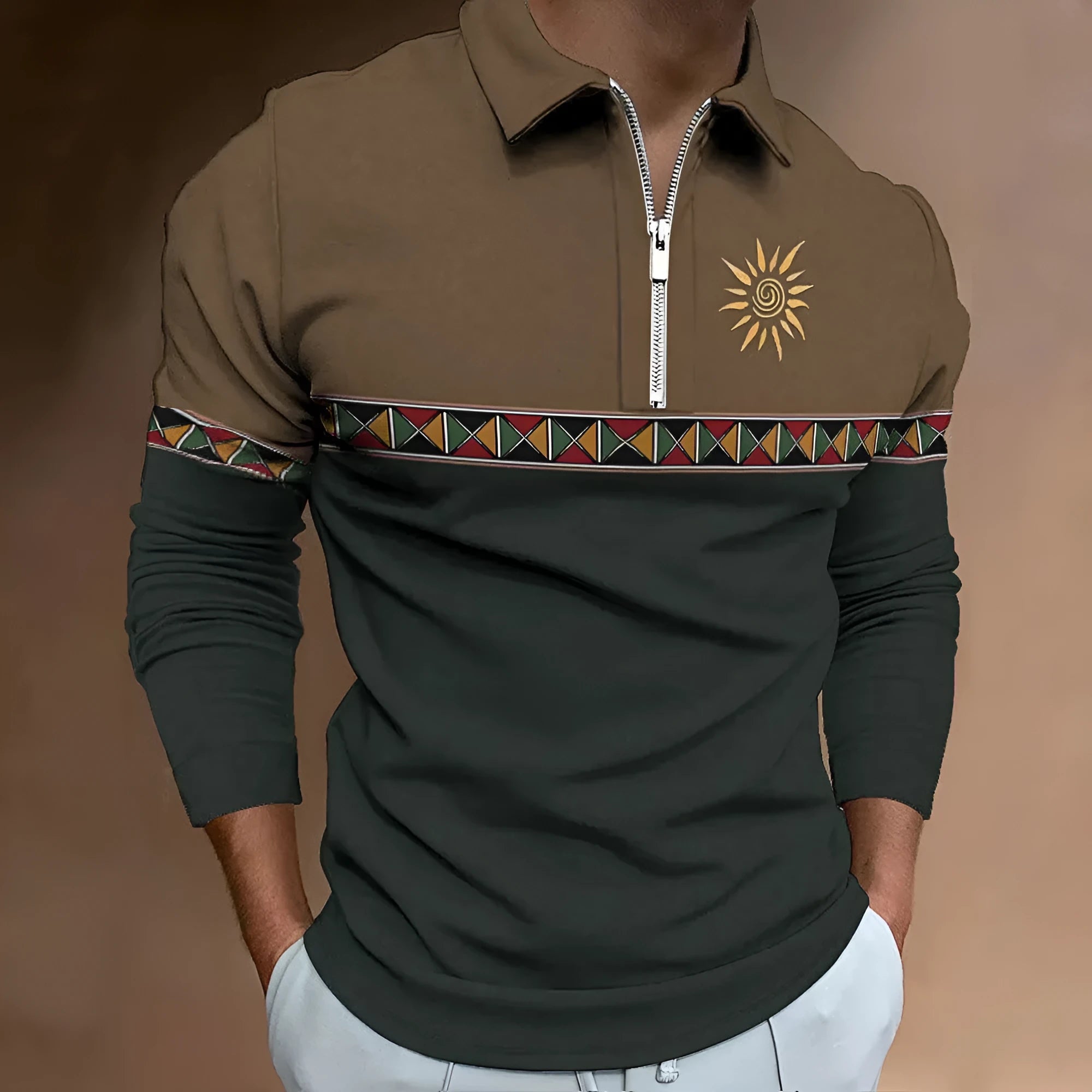Men's loose fit retro printed golf t-shirt with stripe pattern and zipper decorations on long sleeves