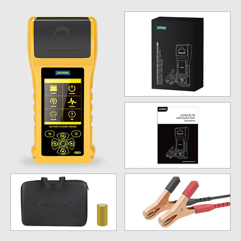 Autool BT760 vehicle battery diagnostic tool with colour screen, clips, and printed test receipt.
