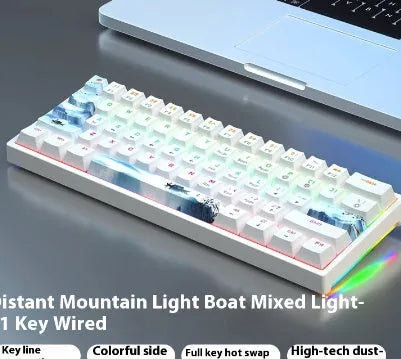 Bluish-black 61-key mechanical keyboard with wired USB cable on desktop