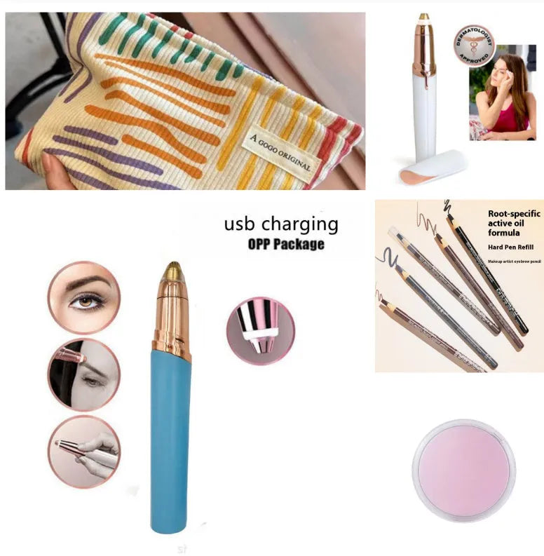 Eyebrow epilator pen with gold plated head and LED light on pink background