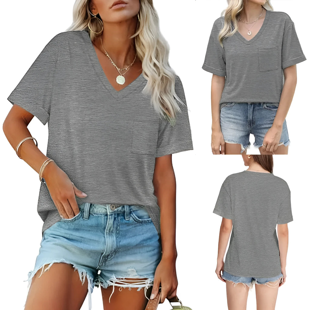 Grey loose V-neck t-shirt with chest pocket showing front view
