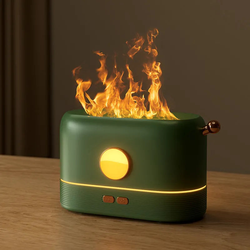 Black USB flame humidifier with 200ml water tank on wooden desktop with mist and simulated flame effect