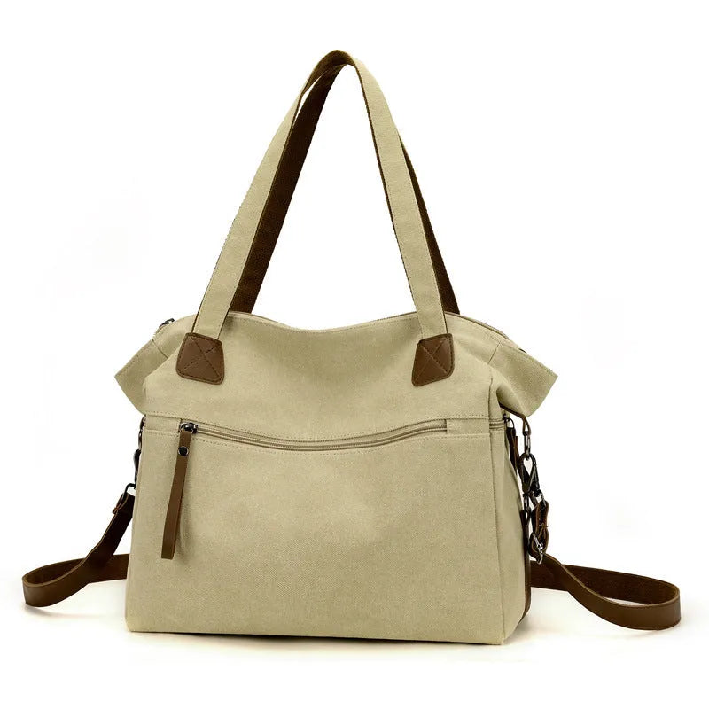 Large capacity retro canvas bag for women, soft horizontal square shape, available in four colours: gray, black, brown, khaki