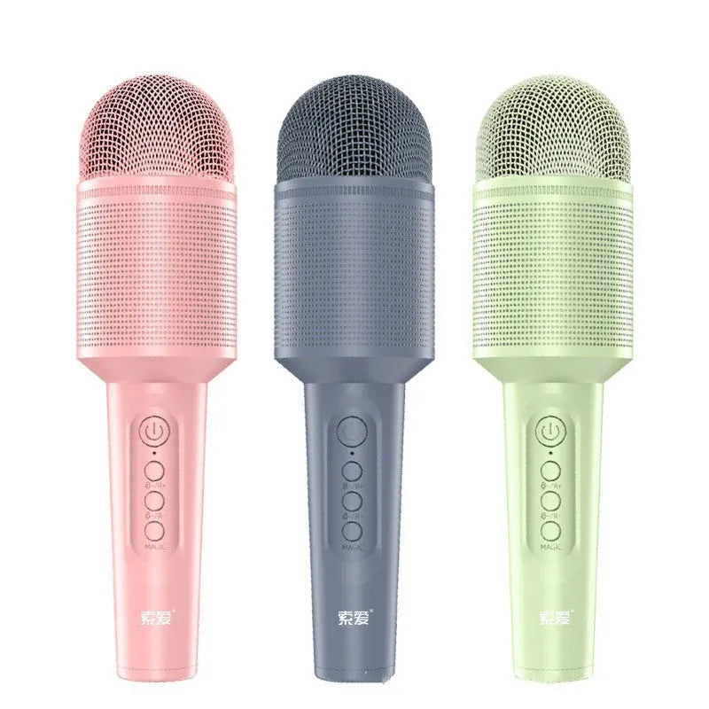 Wireless Bluetooth karaoke microphone in girly pink, sapphire blue, and mint green colour options