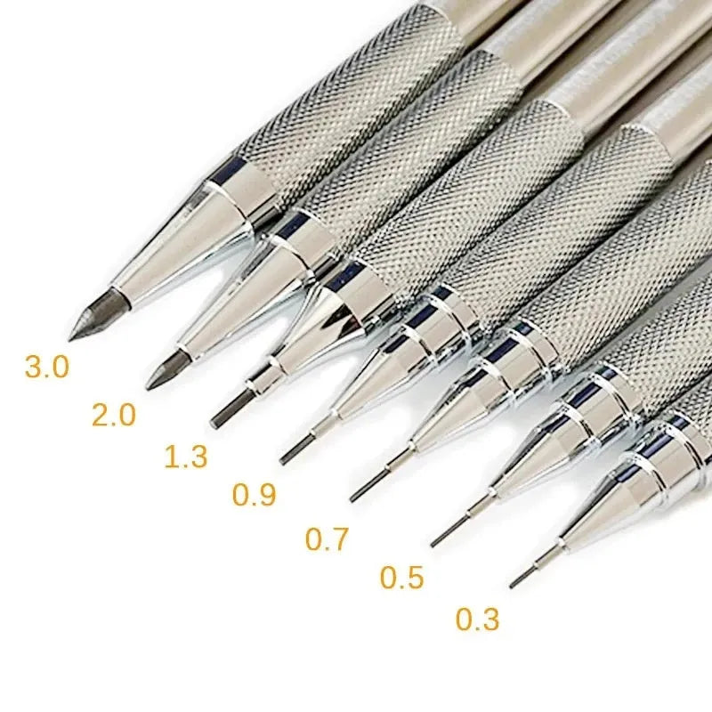 Metal automatic mechanical pencil with retractable tip, shown with compatible lead sizes from 0.3mm to 3.0mm.