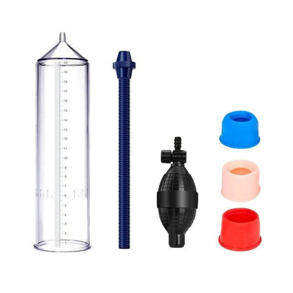 Customised transparent silicone cover for a male home exercise machine with accessory kit components.
