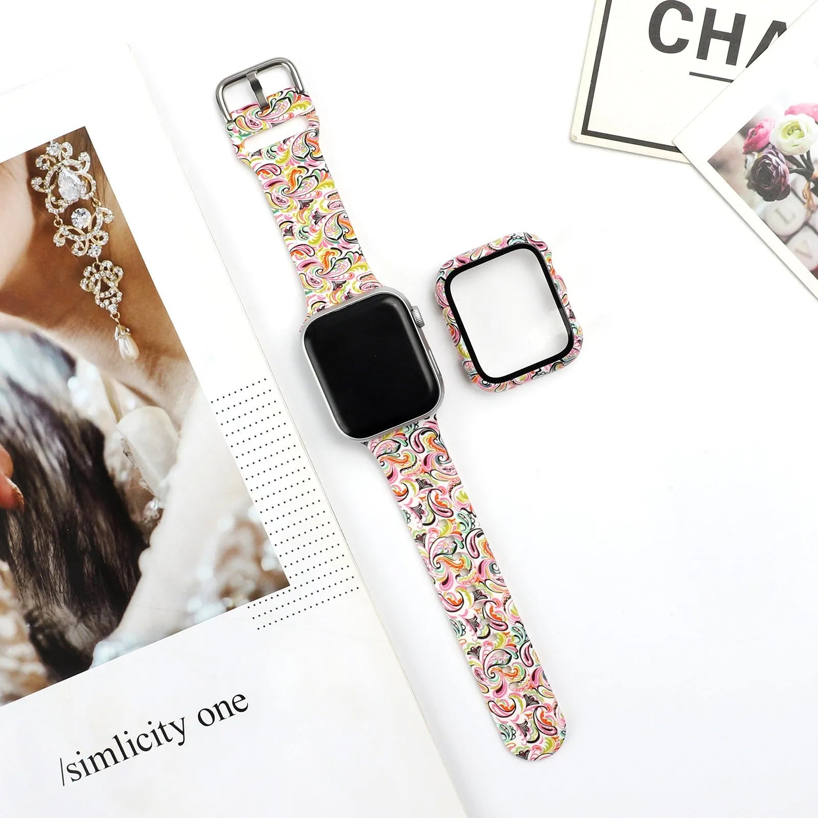 Printed silicone replacement strap for Apple iWatch models showing multiple design options and size selections.