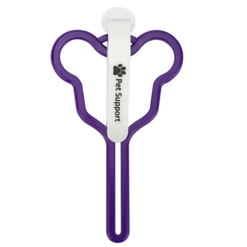 A dog poop bag holder with a fixed clip and adjustable Velcro strap, shown in a random colour.