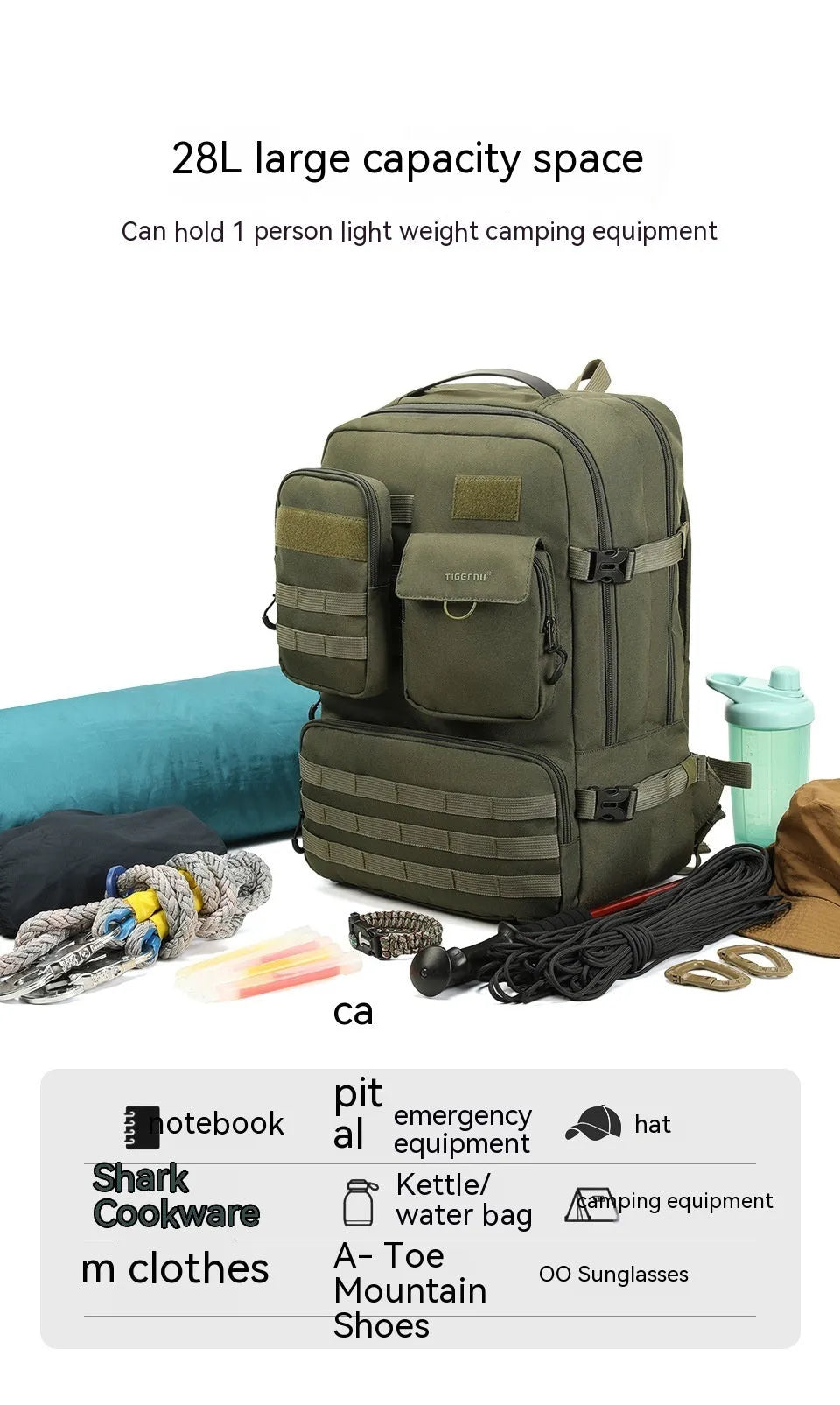 Army Green waterproof tactical backpack showing 17-inch size and main compartment