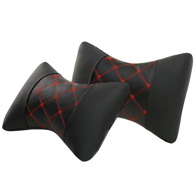 Black leather quilted car headrest pillow for neck support with diamond pattern stitching.