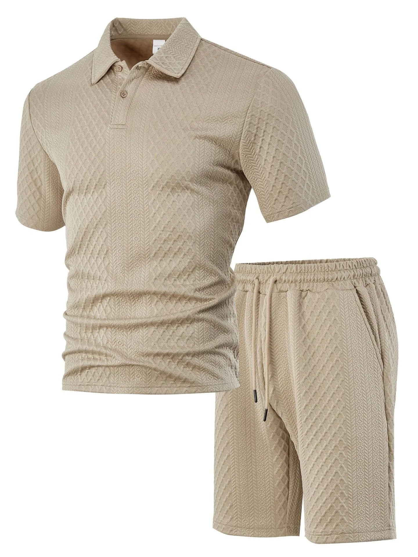 Men's patterned polyester casual suit set with short sleeve polo top and matching trousers