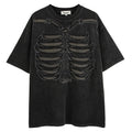 Man wearing a black loose-fit cotton T-shirt with a skull and letter graphic print on the chest.
