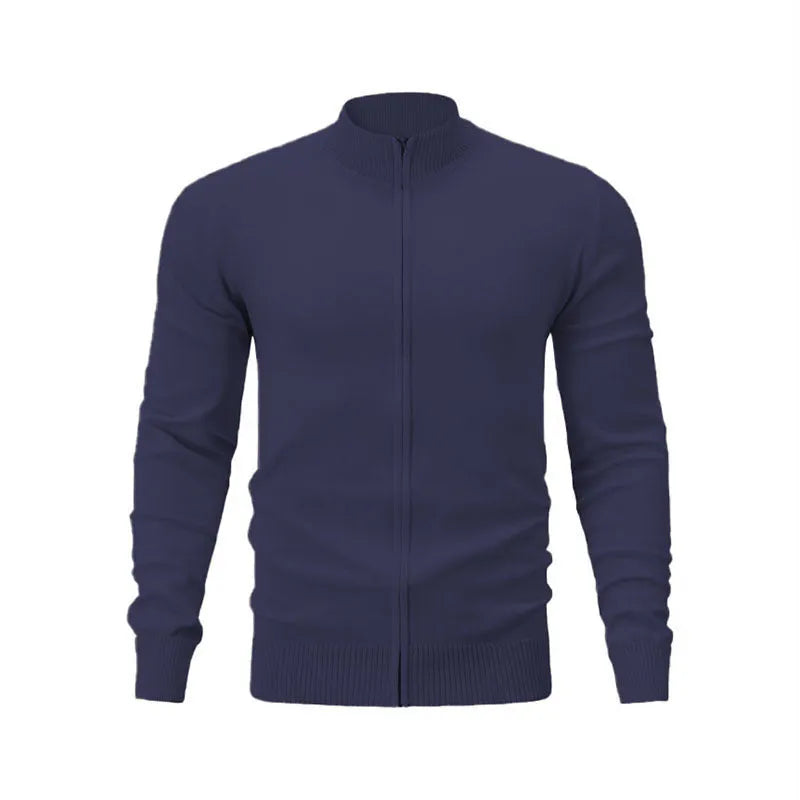 Man wearing a stand collar casual zip-up sweater in a solid colour, showing the full-length front zipper and loose fit.