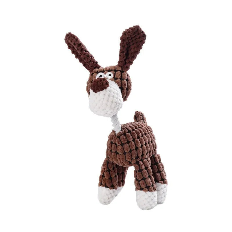 Assortment of soft plush pet toys including a rechargeable duck, a donkey, and companion animals for puppy teething.
