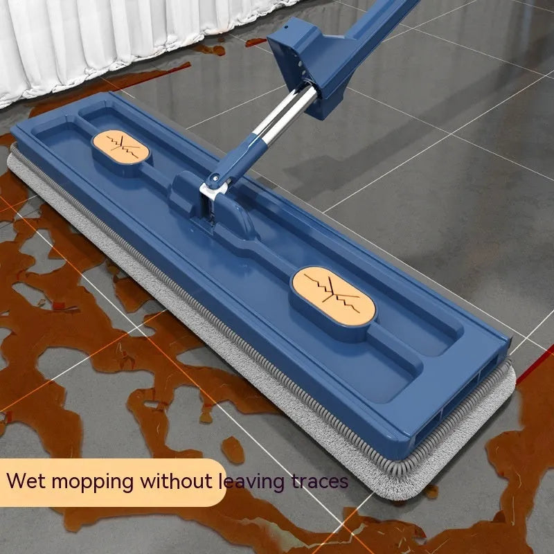Large flat mop with stainless steel handle and blue cleaning cloths showing 360-degree rotating head