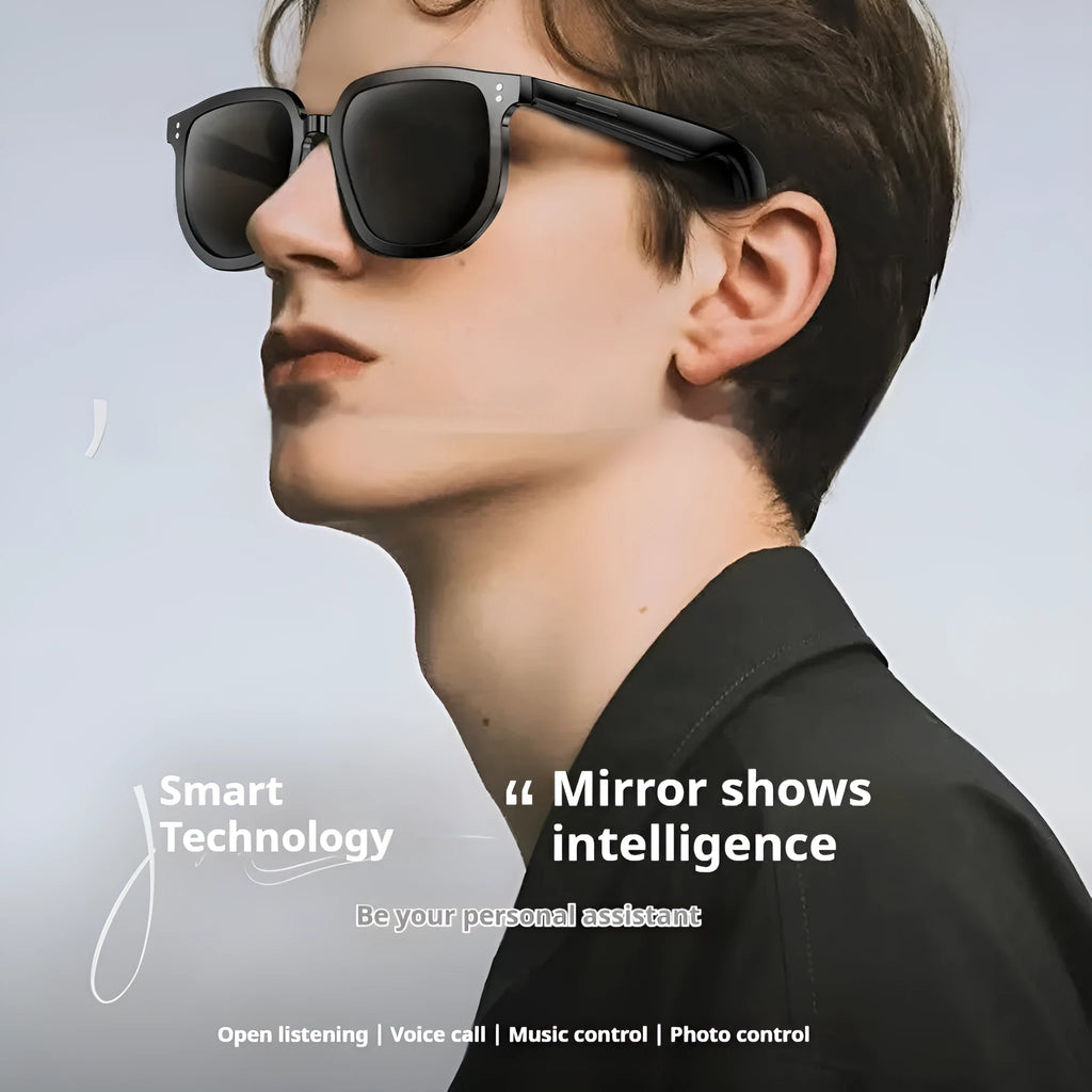 Black AI smart Bluetooth sunglasses with touch controls on the frame for audio functions.