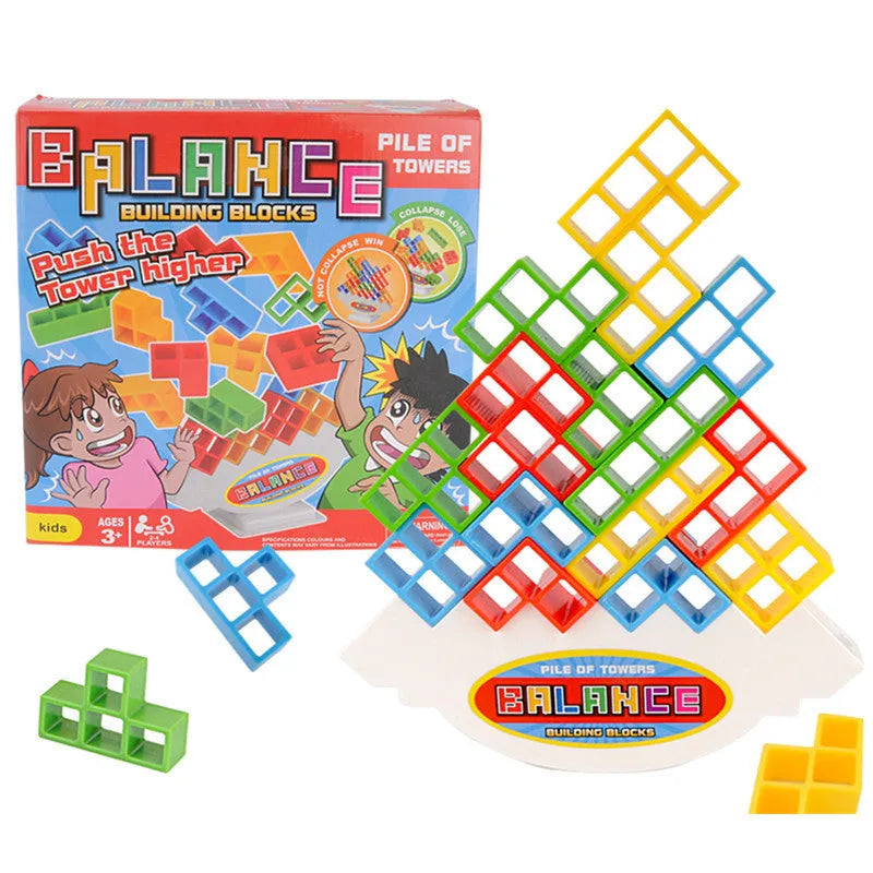 Colourful plastic balance stacking game with blocks, chassis, and base on a table