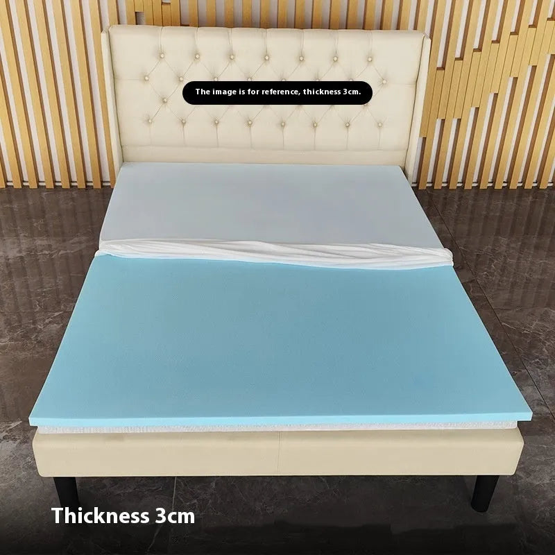 Thin gel memory foam mattress on a tatami mat, showing side profile with thickness options.