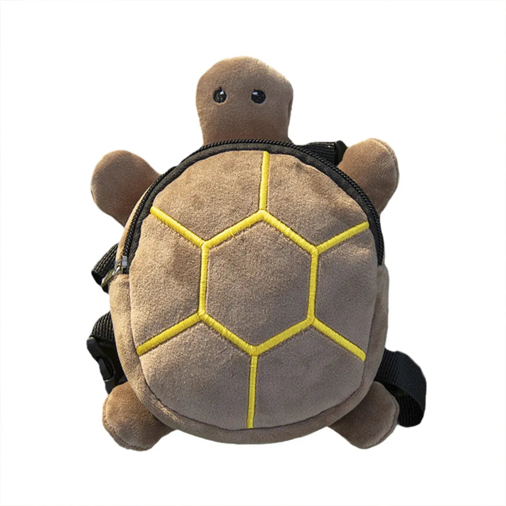 Cartoon turtle shape dog backpack with harness vest in velvet material showing 20x18cm capacity