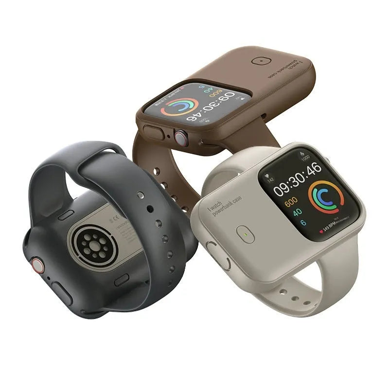 Portable wireless charging case for Apple Watch in brown, midnight blue, and starlight colours.