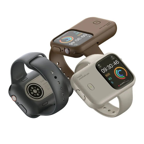Portable wireless charging case for Apple Watch in brown, midnight blue, and starlight colours.