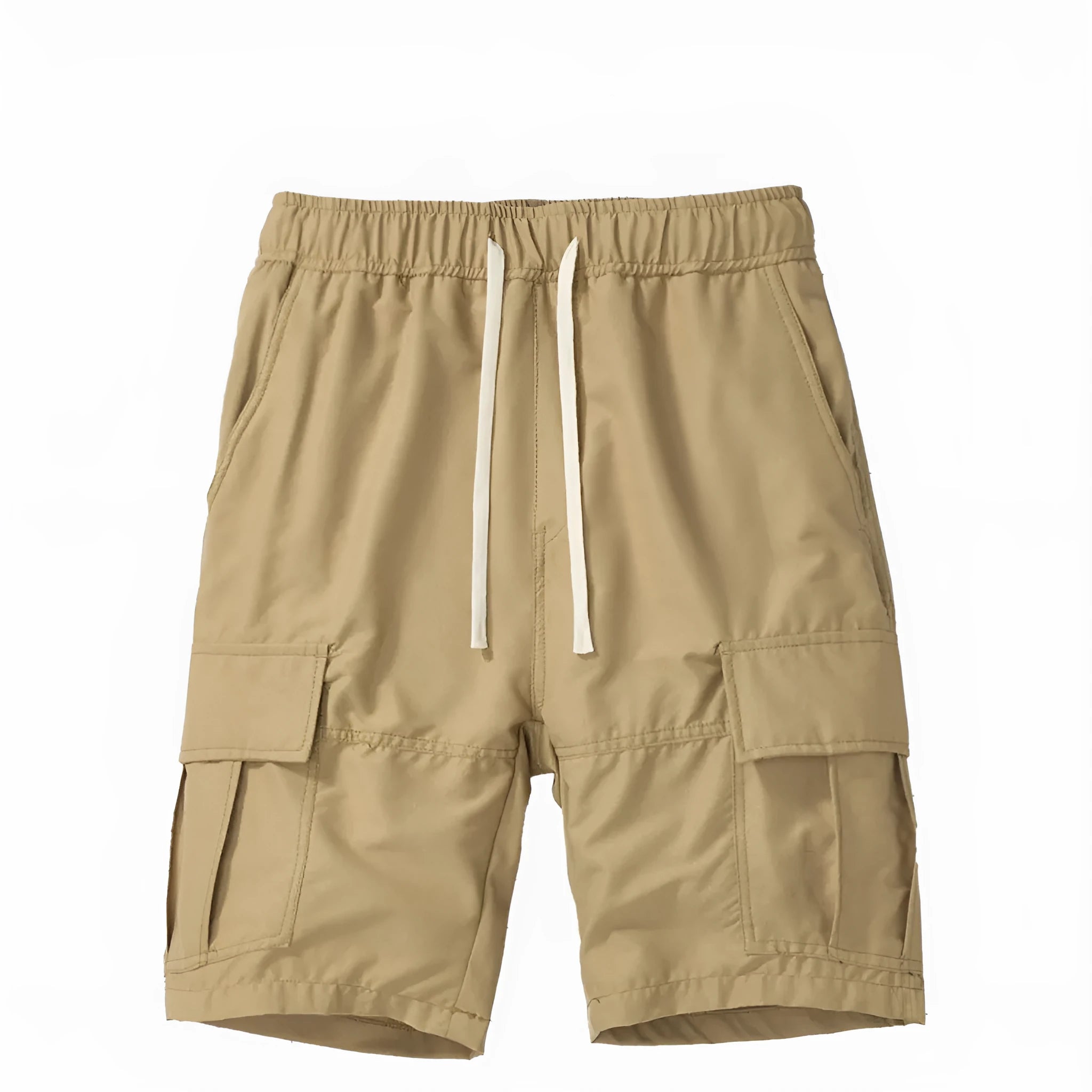 Man wearing loose fit, cropped multi-pocket trousers in a dark colour for casual summer wear.