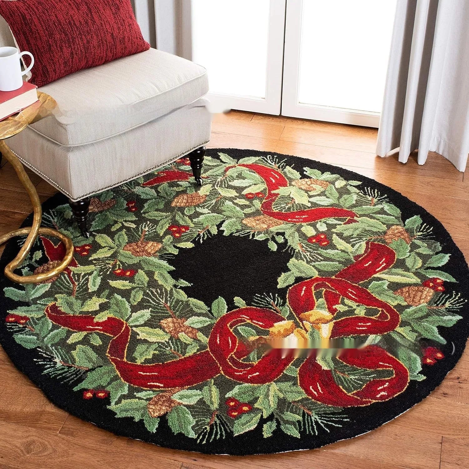 Christmas round polyester carpet with printed festive design in cashmere-like material