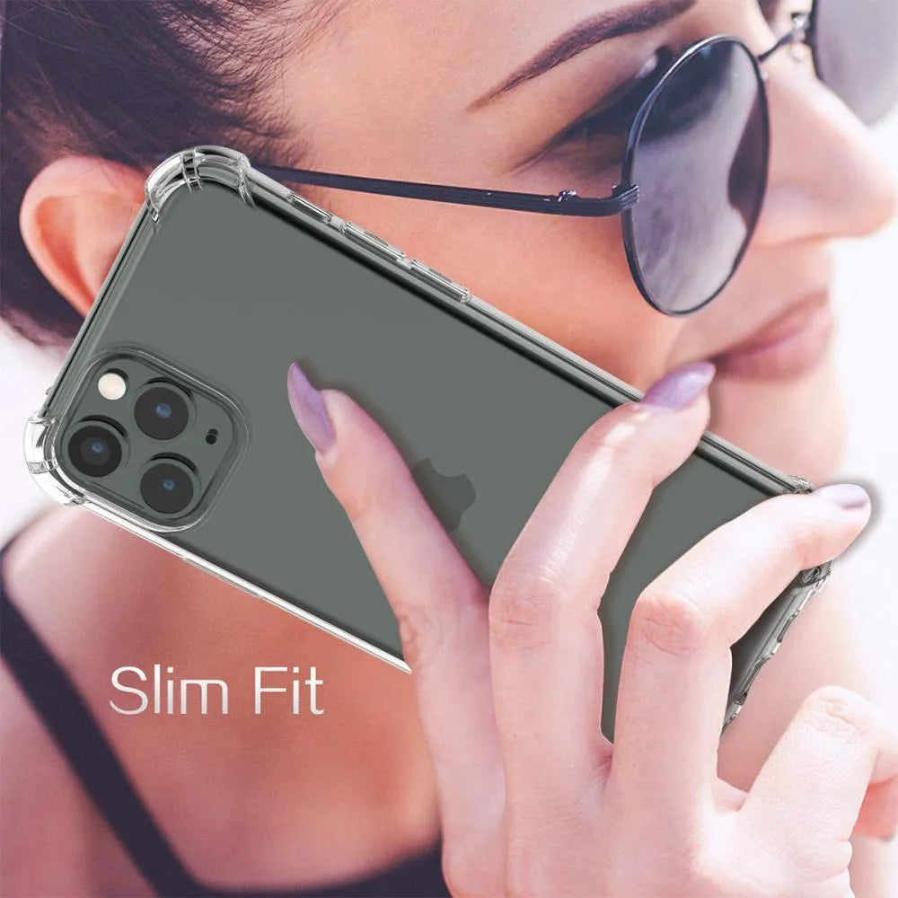 Clear transparent TPU shockproof phone case for Apple iPhone models on a plain background.