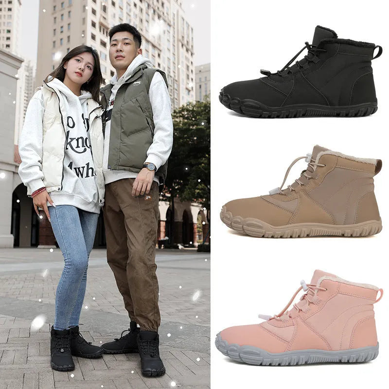 Waterproof fleece-lined snow boots with lace-up front and rubber soles in black, pink, or khaki
