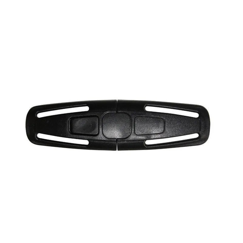 Black nylon child safety seat harness buckle clip for 5-point systems, measuring 14.5cm long.
