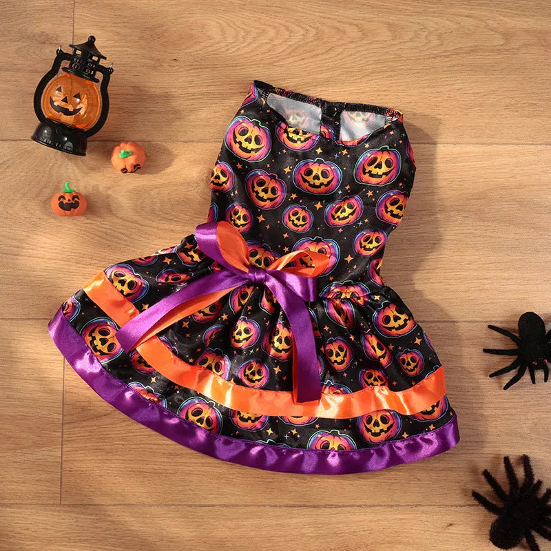 Halloween dog skirt with colourful pumpkin and skull prints in double-layer polyester