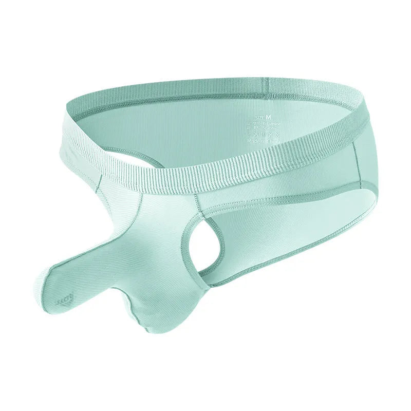Men's low waist ice silk briefs in black, shown flat.