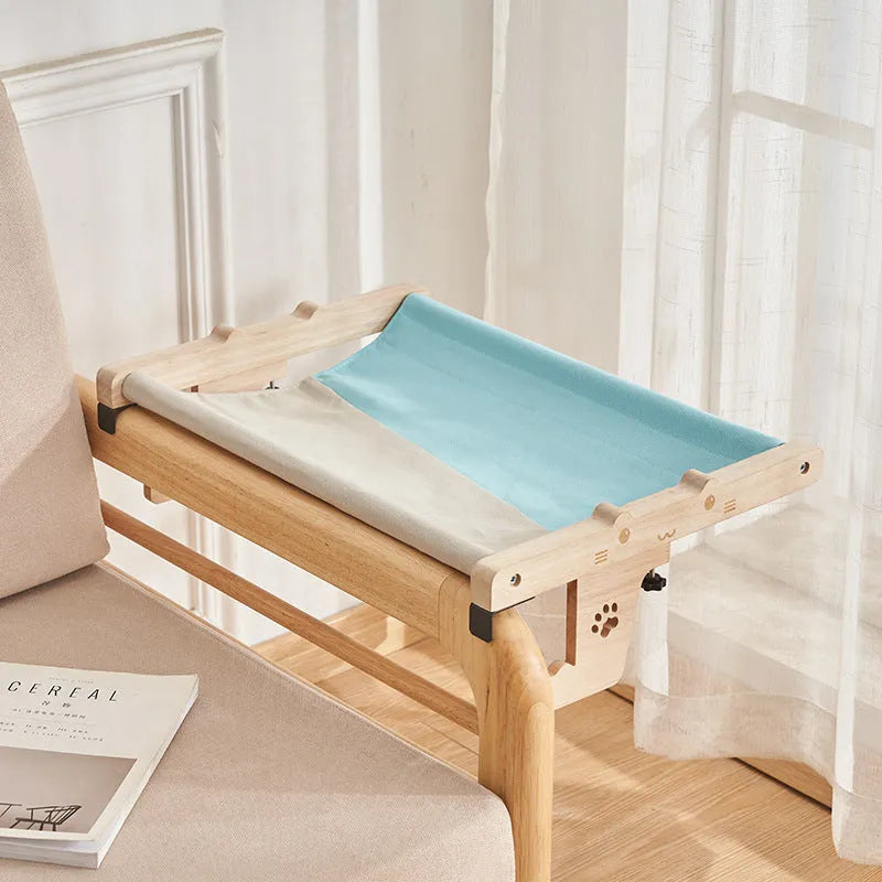 Wooden cat hanging bed hammock showing seven different style installation options