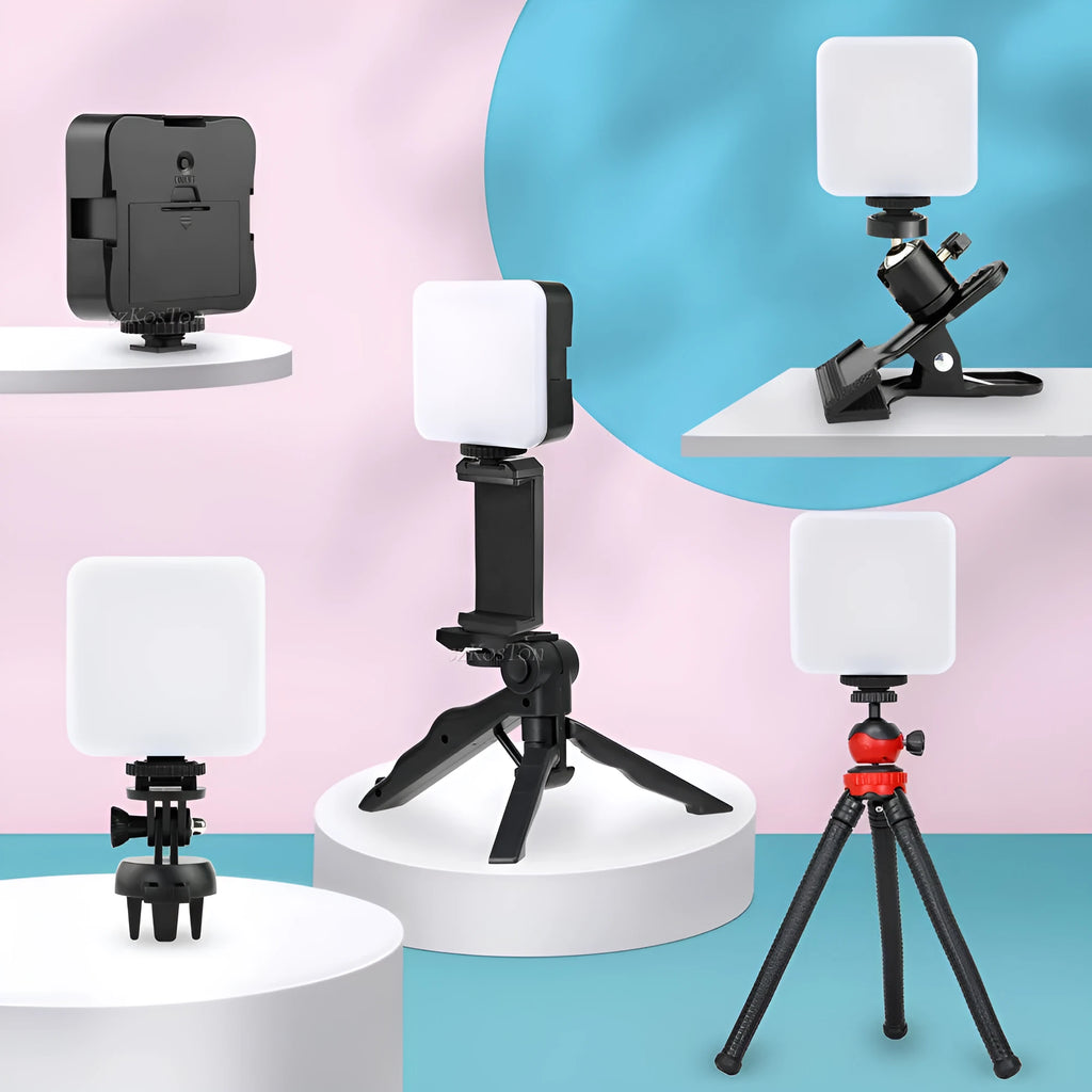 Mini square outdoor camera flash on a small tripod with a rotatable head