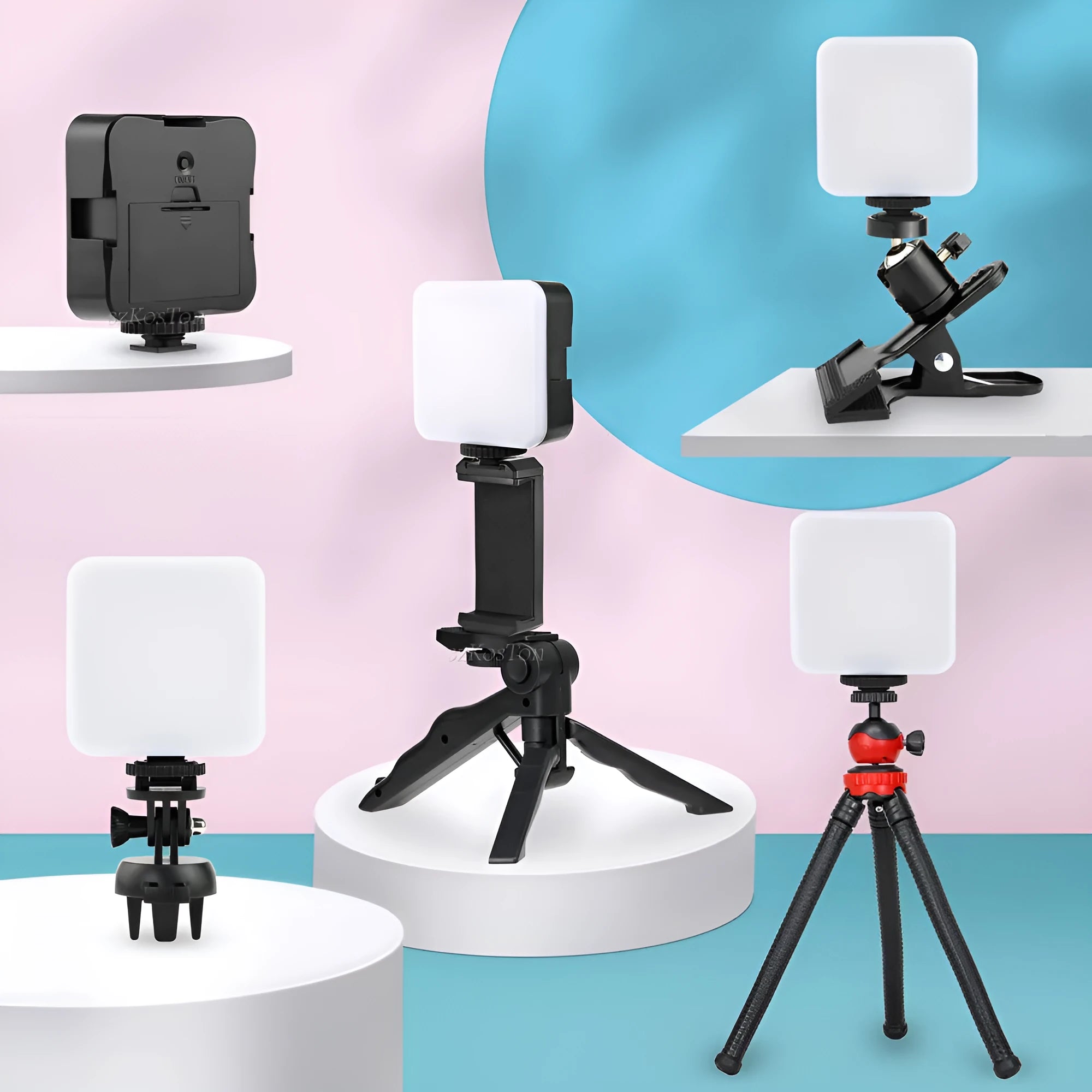 Mini square outdoor camera flash on a small tripod with a rotatable head
