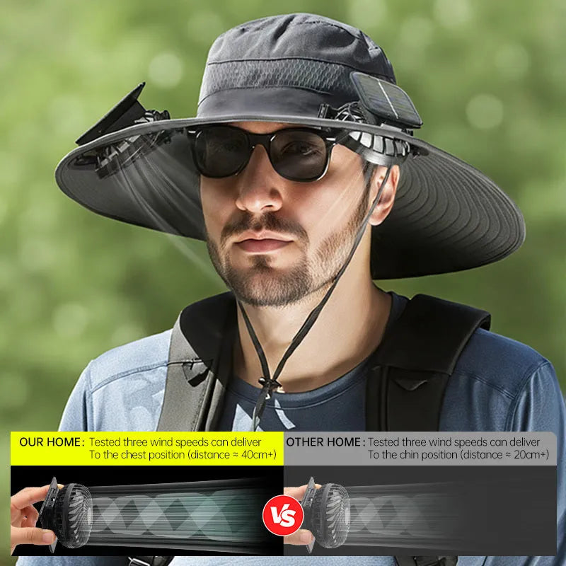 Solar-powered fan hat for outdoor fishing with adjustable design and wide sun protection brim