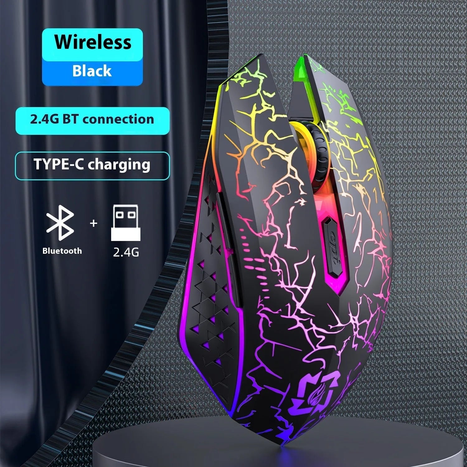 Black and white wireless gaming mouse with breathing lights showing Bluetooth and 2.4G connectivity options