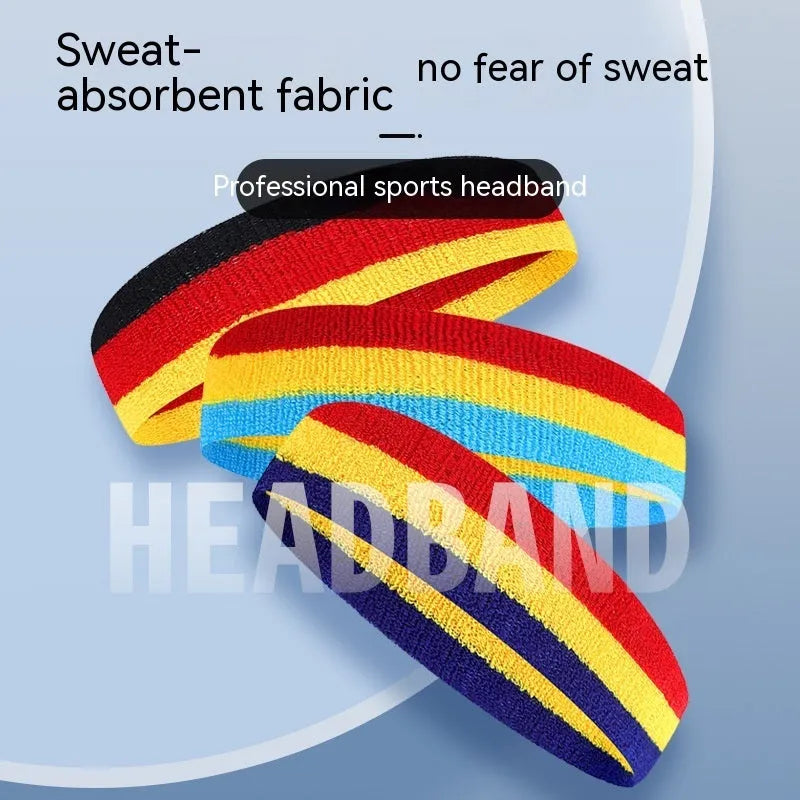 Colourful sports headband for adults in red, yellow, and blue colour combination.