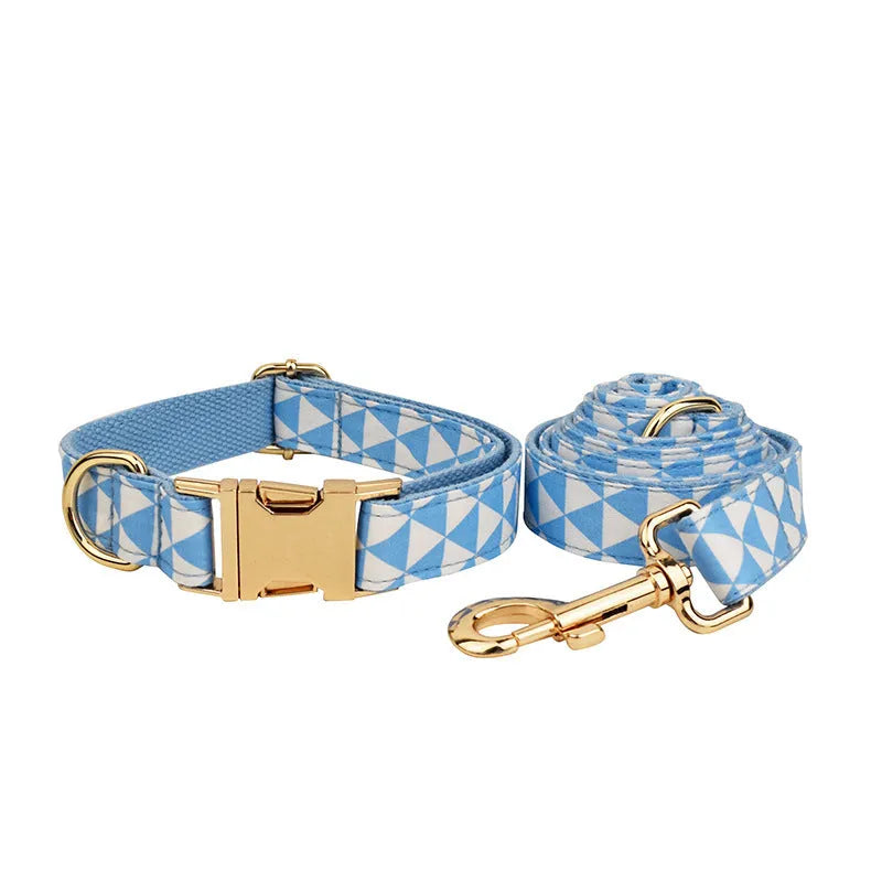 Blue triangular ring dog collar and lead set with matching vest and bow tie for pets