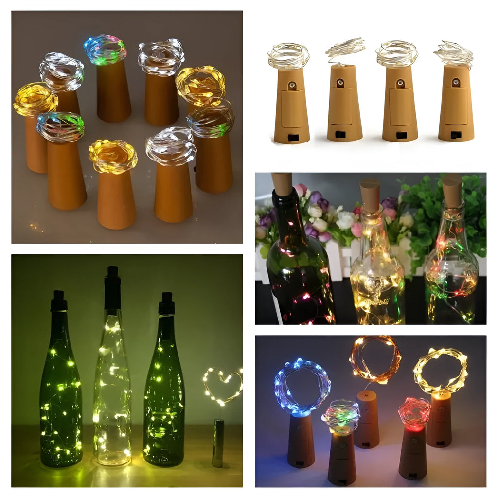 Wine bottle LED string lights with copper wire and bottle stopper for decorative illumination