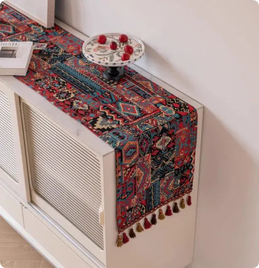 European retro style long sideboard table flag with handwoven tassels in a blue ginkgo leaf pattern