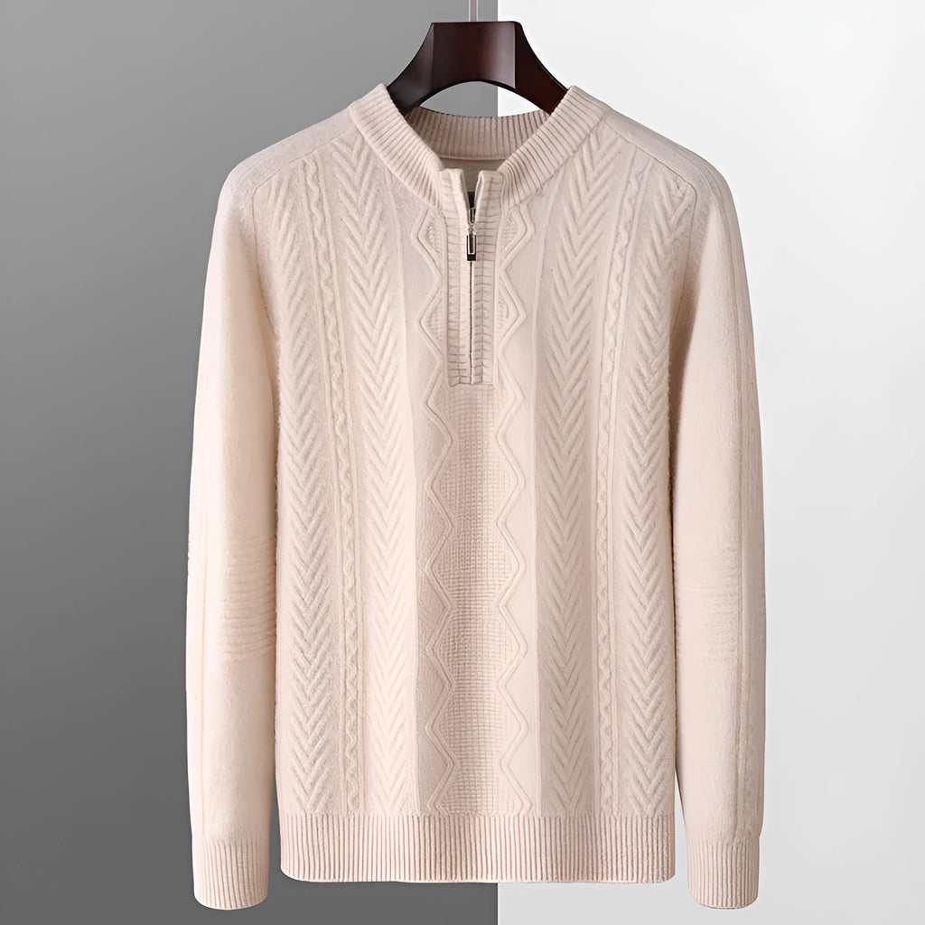 Men's pure wool diamond pattern half zip sweater in camel colour with lattice knit texture