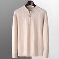 Men's pure wool diamond pattern half zip sweater in camel colour with lattice knit texture