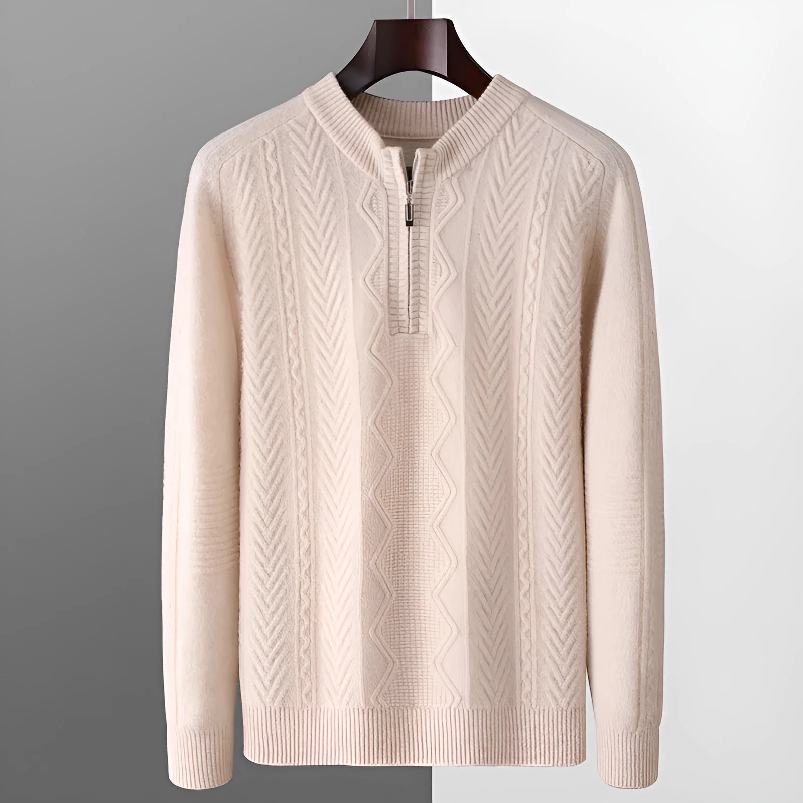 Men's pure wool diamond pattern half zip sweater in camel colour with lattice knit texture