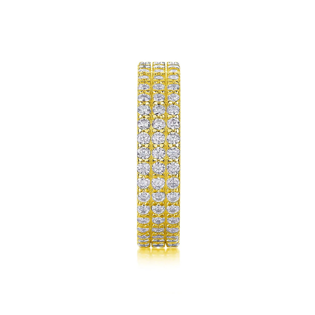Moissanite wedding ring set in S925 silver with platinum plating, yellow gold colour, on white background
