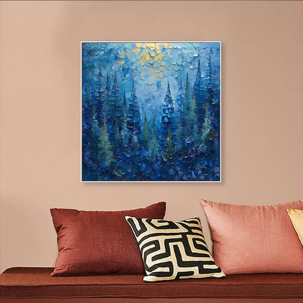 Blue mysterious forest tree abstract landscape hand painted oil painting on canvas, square size, no frame, for living room decor