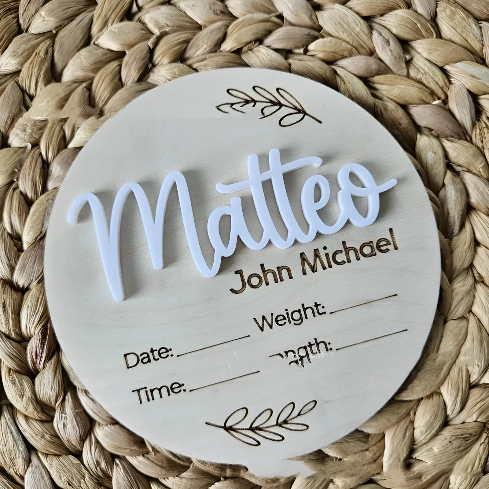 15cm square wooden newborn name label with birth information displayed on plywood plaque