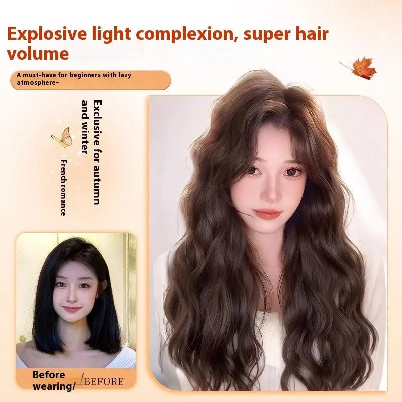Full-head wig with long curly hair and side bangs in high temperature fibre material