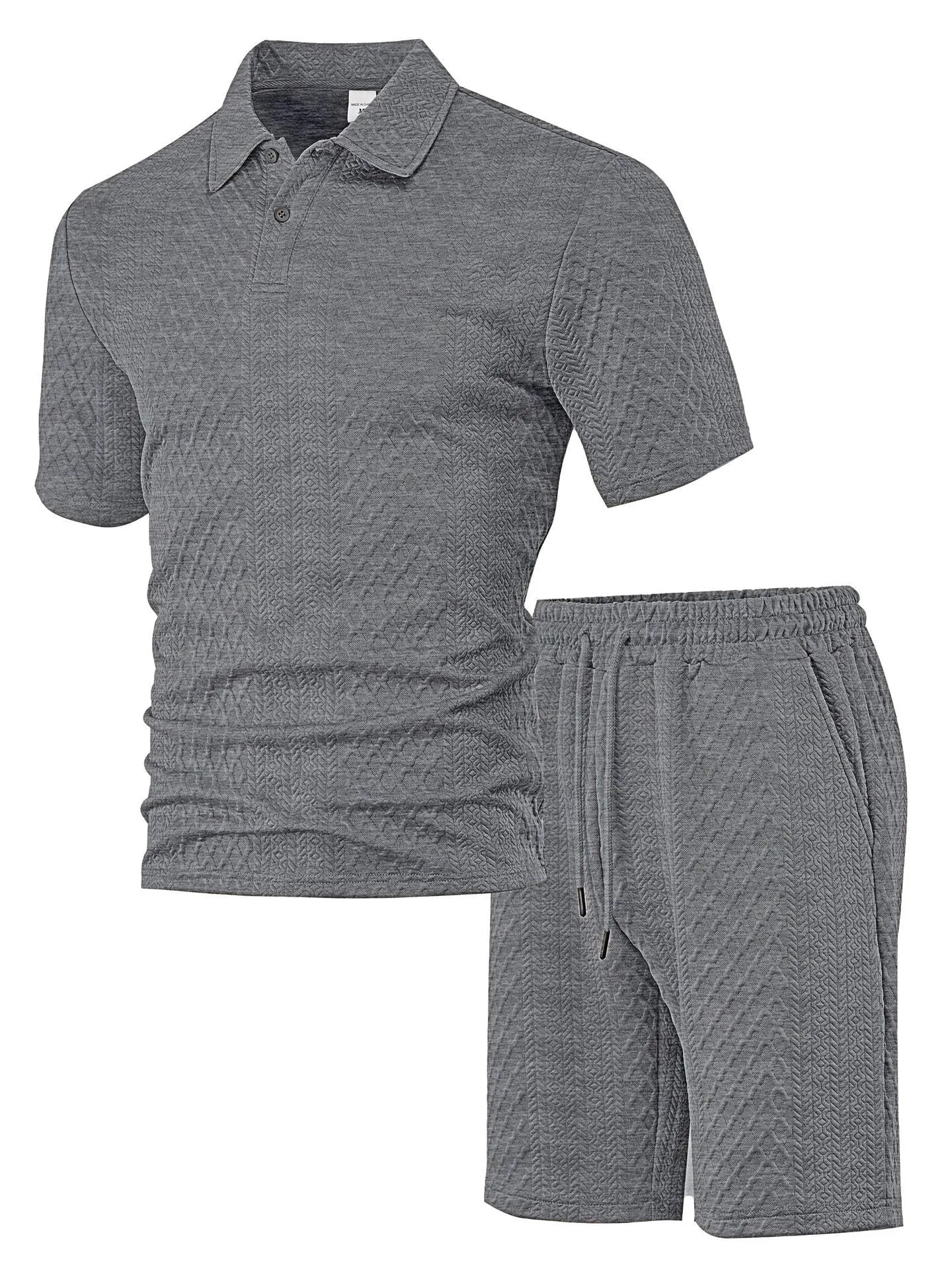 Men's patterned polyester casual suit set with short sleeve polo top and matching trousers